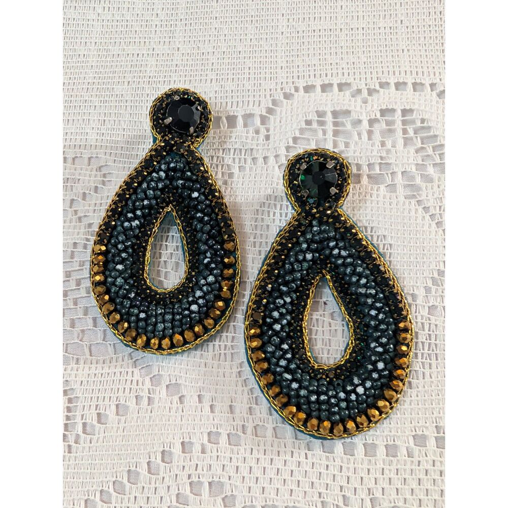 Vintage 80s 90s Handmade Beaded Teal Green Statement Earrings